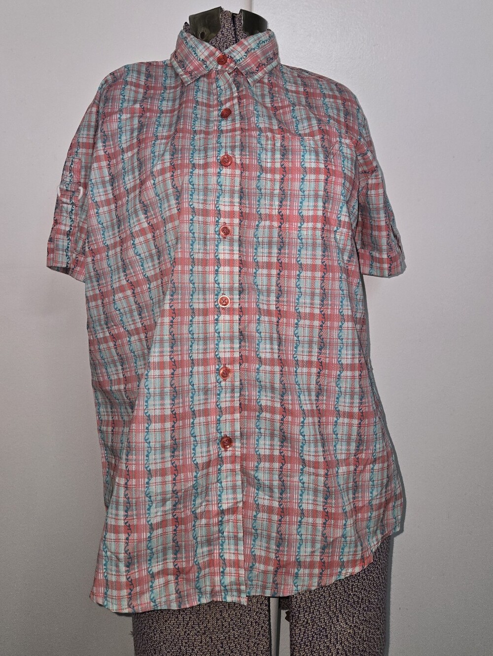 Adrian Delafield Purple Yellow Plaid Short Sleeve Button-Up Shirt Artsy Casual